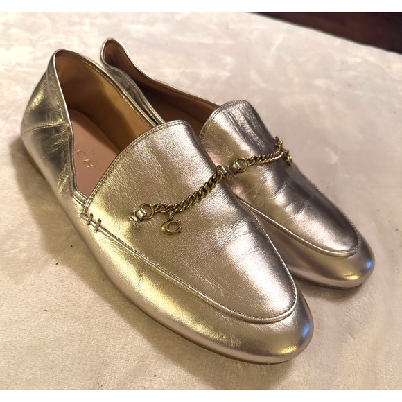 Coach Gold flats Loafers Chain charm slip on shoes womens 9.5M shiny leather - Picture 1 of 9